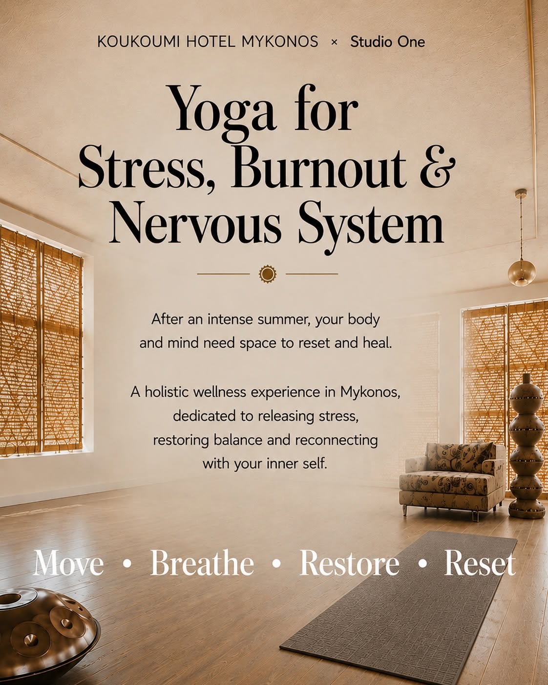Poster advertising 'Yoga for Stress, Burnout & Nervous System' in a serene studio with a mat and seating visible in the foreground.